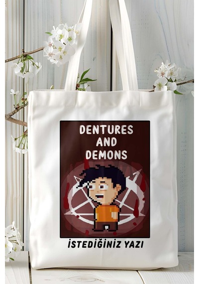 Art Hediye Dentures And Demon Mobil Oyun Baskılı Bez Çanta Omuz Çantası Çift Tafaflı Baskı Kişiye Özel 3 Çok Renkli