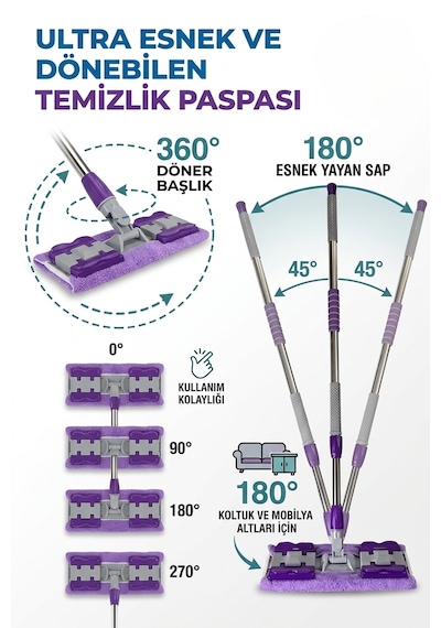 Mandallı Mop Full Temizlik Seti 2 Adet Mikrofiber Bezli Pratik Yer Temizleme Mopu