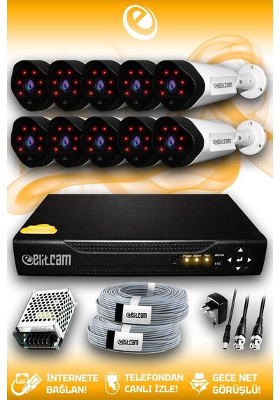 Elitcam 10 Kameralı Uzay 10 Dış Kamera Set HDD'siz Full HD Gece Görüşlü Güvenlik Kamerası Sistemi