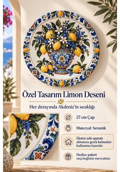 Dekoratif Duvar Tabağı - Limon Ve Çiçek Desenli - Dekorlu Seramik Tabak