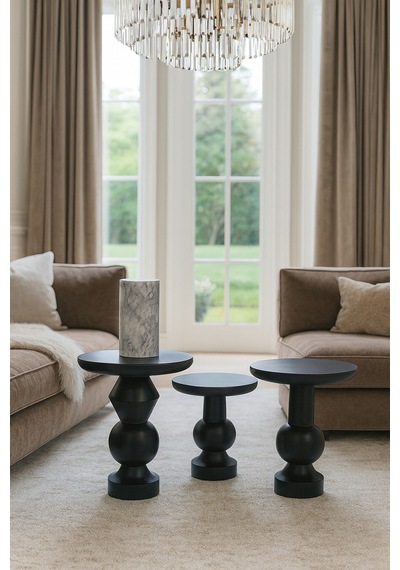 Siyah Renk Ahşap Mantar Sehpa 3 Lü Set Doğal Fiskos Zigon Takımı - Coffee Table Siyah