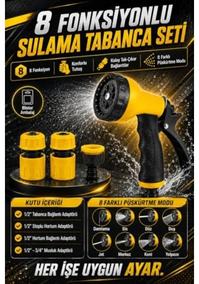 8 Fonksiyonlu Bahçe Sulama Tabancası Seti Ayarlanabilir Sprey Başlıklı Hortum Sulama Tabancası 4 Parça