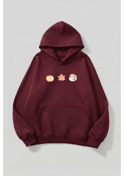 Uyguntarz Unisex Yumuşak Dokulu Pumpkin Spice & Cozy Vibes Baskılı Tasarım Oversize 3 İplik Hoodie Sweatshirt Bordo