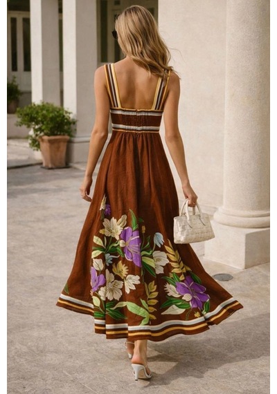 Asprinfashion Kadın İthal Keten Dijital Baskılı Askılı Maxi Elbise Yazlık Çiçek Desenli Uzun Elbise Kahverengi Asprinfashion Kadın İthal Keten Dijital Baskılı Askılı Maxi Elbise Yazlık Çiçek Desenli Uzun Elbise Kahverengi