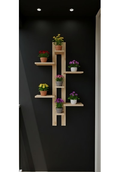 Dekoratif Ahşap Duvar Rafı - 120x50 Cm Çok Amaçlı Saksılık Ve Çiçeklik Standı - Çift Taraflı Bantlı Bej