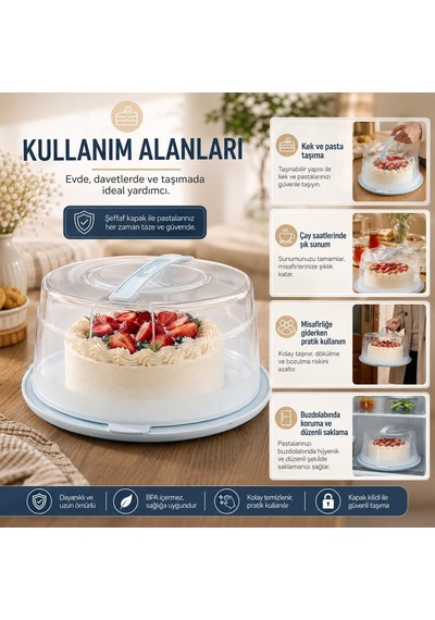 Ayrex Poomy Yuvarlak Kek Pasta Saklama Ve Taşıma Kabı, Şeffaf Kapaklı Kilitli Kek Fanusu, Taşıma Saplı Pasta Kor Diğer