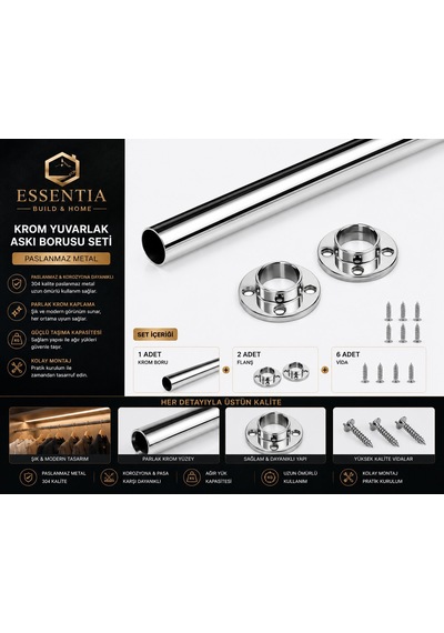 Krom Yuvarlak Askı Borusu Flanşlı Set 105 Cm Paslanmaz Metal Gardırop Ve Dolap İçi Askılık Sistemi Çoklu Renk