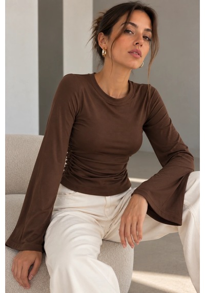 Bb Butik Basic Yan Büzgülü İspanyol Kol Basic Kadın Bluz My3535 kahverengi