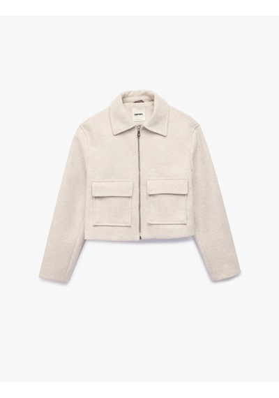 Koton Regular Fit Uzun Kollu Cepli Fermuarlı Crop Kaşe Ceket Ekru 6wak20446ew Ekru