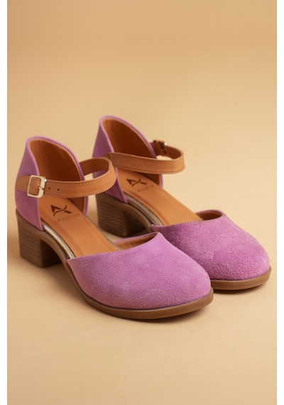 Analin Shoes Kadın Hakiki Deri Burnu Kapalı Bilekten Bağlı Sandalet Pembe Süet