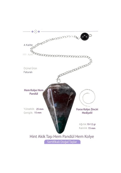 Erilsa Sertifikalı Hint Akik Taşı Pandül Sarkaç Hem Pandül - Hem Kolye Çok Renkli