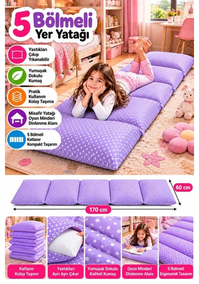 Pufi 5 Bölmeli Yer Yatağı 60x170 Cm Çıkarılabilir Yastıklı, Yıkanabilir Kılıflı, Katlanabilir Oyun Ve Misafir Minderi Lila Pufi 5 Bölmeli Yer Yatağı 60x170 Cm Çıkarılabilir Yastıklı, Yıkanabilir Kılıflı, Katlanabilir Oyun Ve Misafir Minderi Lila