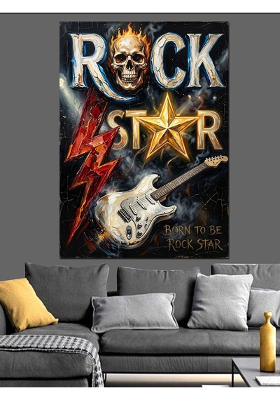 Rock Star Yazılı İskelet Ve Gitar Dekoratif Kanvas - Mdf Ahşap Tablo