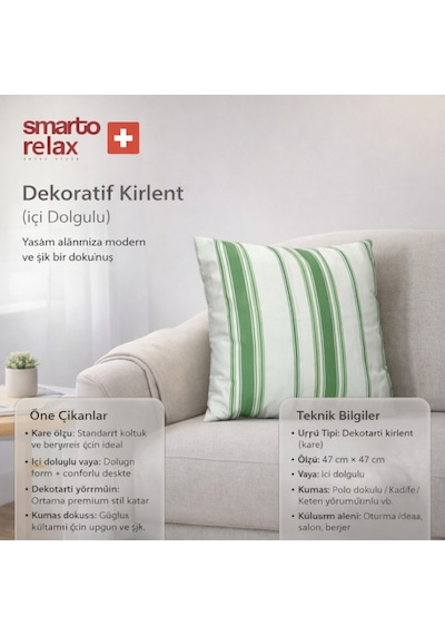 Smarto Relax Içi Dolgulu Kırlent 45x45 Cm Kare Salon & Berjer Kırlenti - Smr-kır-019 Beyaz - Yeşil