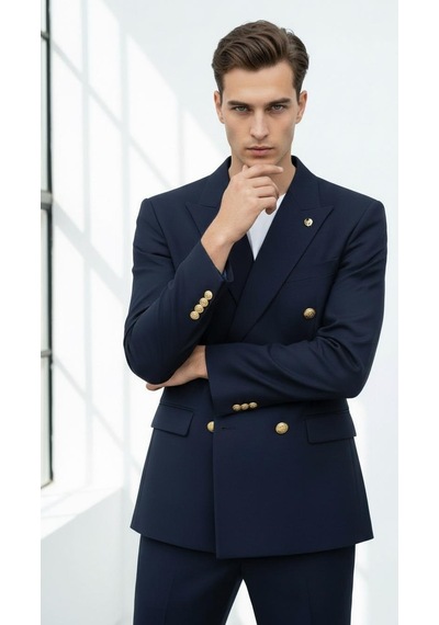 Plus Scorpion Gold Düğmeli Kruvaze Erkek Blazer Ceket Premium Kumaş, Slim Fit Şıklık Koyu Lacivert