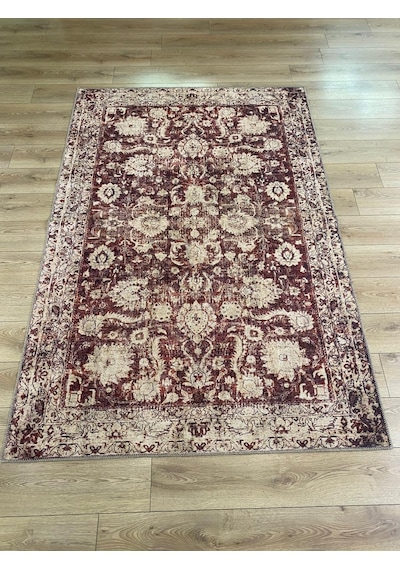 Çam Halı Anatolia 32-048 Etnik Eskitme Desenli Dokuma Tabanlı Yıkanabilir Şönil Salon Ve Oda Halısı Krem - Bordo