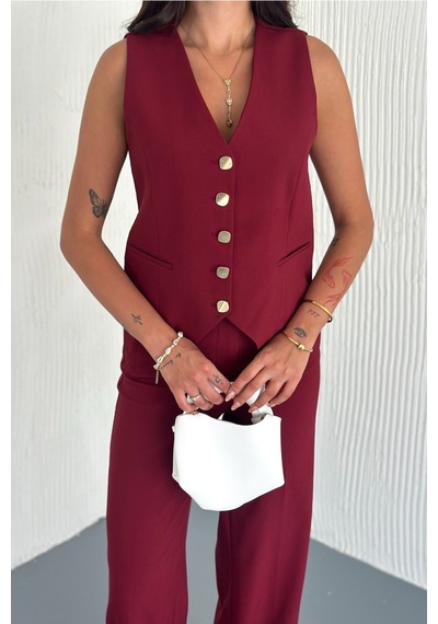 Femelle Kadın Bordo Düğmeli Pensli Pantolon Yelek Alt Üst Takım