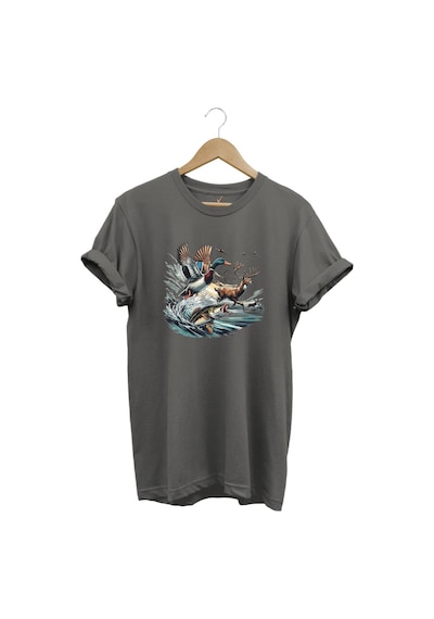 Avcılık Temalı Geyik, Ördek Ve Balık Tasarımlı %100 Pamuk Unisex Regular Fit T-shirt Gri