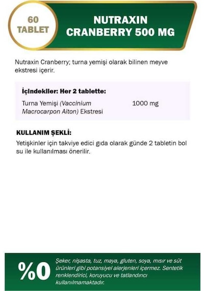 Nutraxin Cranberry - Turna Yemişi 500 Mg 60 Tablet