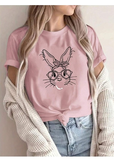 Flood Of Style Kadın Pembe Gözlüklü Tavşan Baskılı Oversize