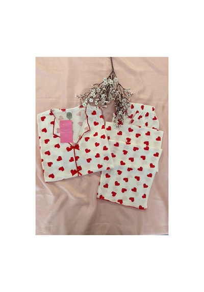 Mh Moony Homewears Kalp Kurdele Kısa Kol Yazlık Pijama Takımı Kırmızının Dansı
