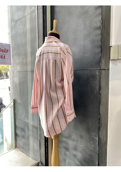 Pera Moda Oversize Çizgili Uzun Kadın Gömleği Pembe
