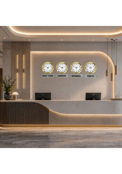 Luxtime Gold Series 36 Cm 4 Lü Tabelalı Dünya Duvar Saati Otel Ve Resepsiyon Saati