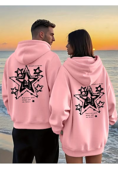 Nevermind Yıldız Desenli Baskılı Hoodie Trend Sevgili Kombini Oversize 3 Pembe