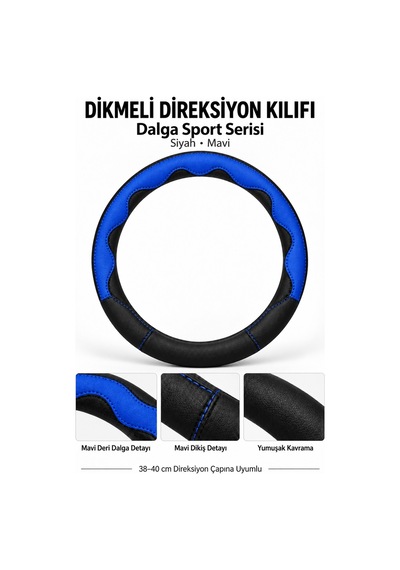 Trobus Toyota Corolla 1993-1998 Uyumlu Dikmeli Direksiyon Kılıfı Dalga Sport Deri Siyah Mavi Siyah - Mavi