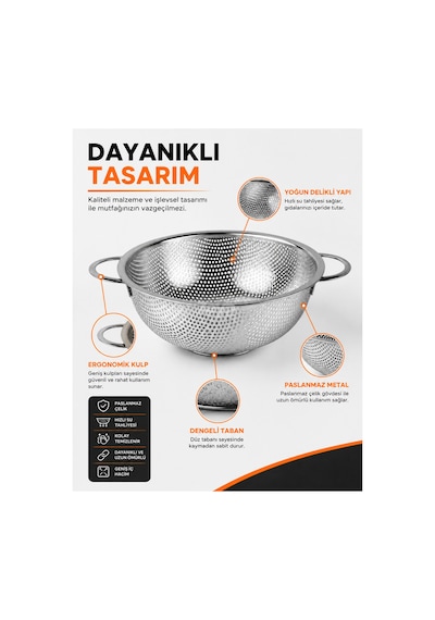 Paslanmaz Çelik Makarna Süzgeci 25 Cm Çift Kulplu Metal Sebze Meyve Yıkama Ve Süzme Kevgiri Gri