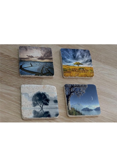 Tek Ağaçlı Manzaralar Doğal Taş Bardak Altlığı 4'lü Set - Natural Stone Coasters - Taş Mavi