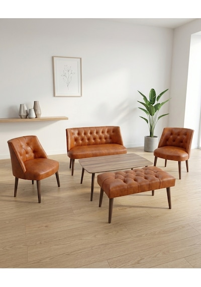 Milano Taba Deri Çay Seti Koltuk Takımı 2+1+1 Bench Sehpa Dahil Ofis Balkon Kuaför Bekleme Takımı
