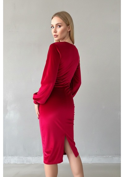 Defymoda Kadın Asimetrik Kesim Kruvaze Elbise Kırmızı