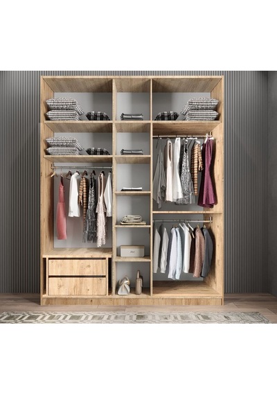 Soft 10 Kapaklı Yüklüklü Gizli Çekmeceli Gardırop Dolap Çam 225 Cm Çam