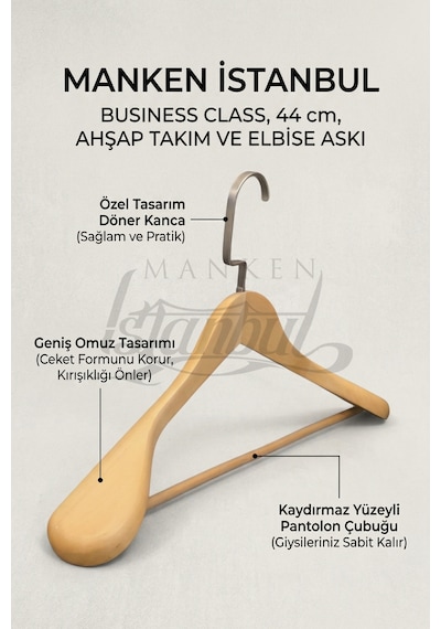 3 Adet Delüks Masif Ahşap Ev Ve İş Yeri İçin 44 Cm Ahşap Ceket Askısı - Ahşap Elbise Askısı Bej