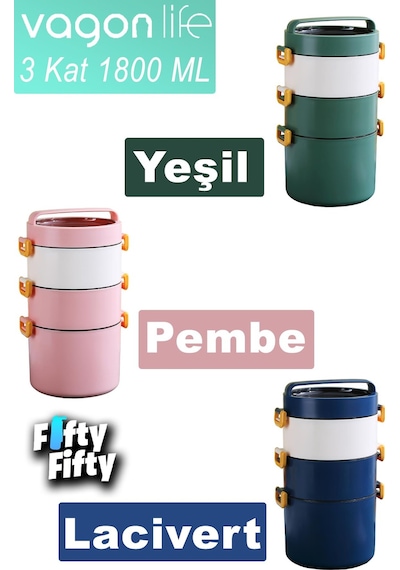 Vagonlife Lunch Box 3 Katlı Büyük Boy 1800 Ml Ofis-okul İçin Yeni Nesil Sefer Tası-fflbox3kat1800ml Pembe