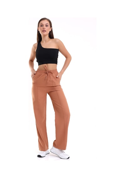 Winmoda34 Kadın Keten Palazzo Pantolon Önü Dikişli Kremit
