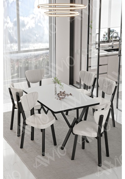 Avvio Dora Elma Sandalye 80x140 Yemek Masası Mutfak Masası 6 Kişilik Masa Sandalye Takım Beyaz