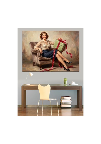 Hediye Paketi Tutan Pin-up Kadın Yağlı Boya Dokulu Kanvas Tablo Canvas Tablosu