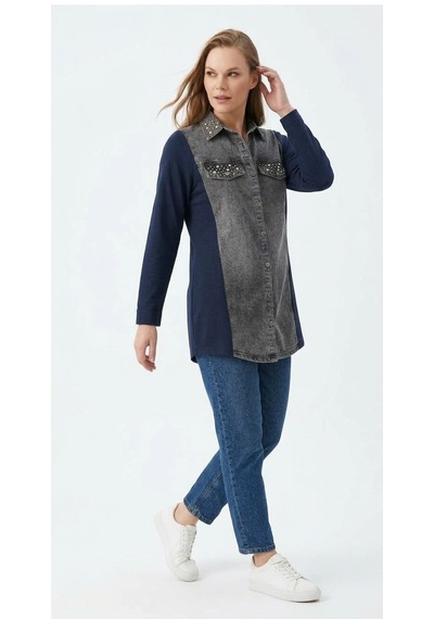 Stormwear Çift Kumaş Detaylı Taşlı Denim Gömlek Lacivert