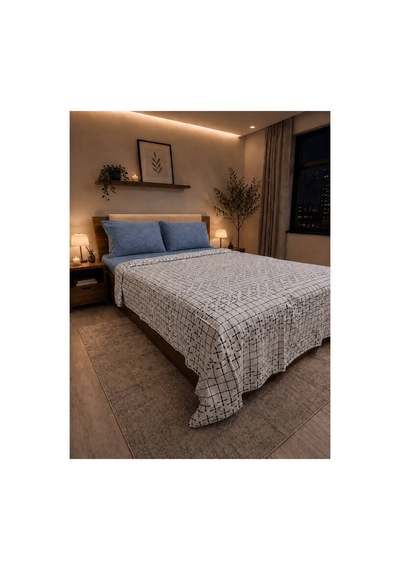 %100 Pamuk Pikolu Çift Kişilik Pike Seti - Lastikli Çarşaf - 200 X 220 Cm Mavi Mavi