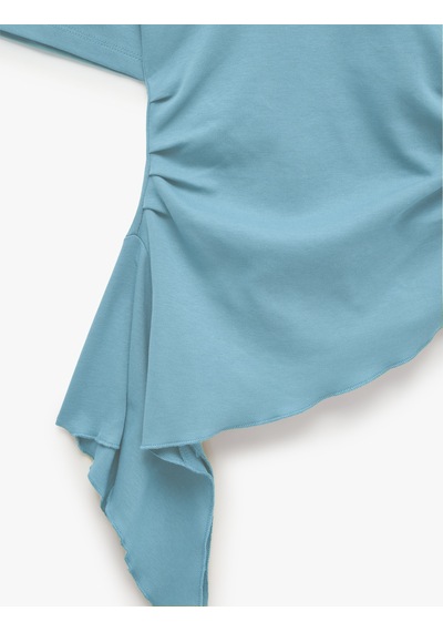 Koton Pamuklu Slim Fit Kısa Kollu Fırfırlı Drapeli Asimetrik Kesim Tişört Mavi 7wak50079ek