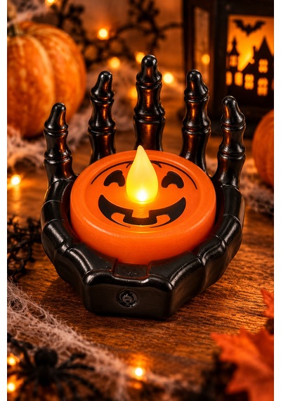 Halloween Cadılar Bayramı Led Işıklı İskelet El Mumluk Siyah Turuncu Balkabağı Dekoru 6x6 Cm Renkli