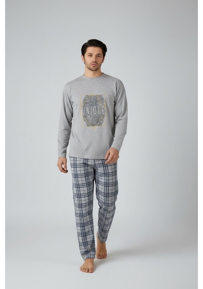 Lukitus Uzun Kol Sıfır Yaka Pamuklu Erkek Pijama Takımı Vlknekose Gri
