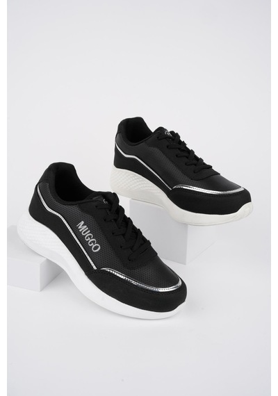 Muggo Happy Garantili Kadın Ortopedik Günlük Bağcıklı Şık Rahat Sneaker Spor Ayakkabı Siyah - Beyaz