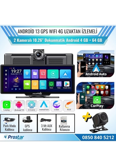 Kayıtlı 2 Kameralı Android 13 Wıfı Gps 4g Uzaktan İzlemeli 4 Gb + 64 Gb Carplay 512 Gb Destekli Tak Kullan Kamera Seti