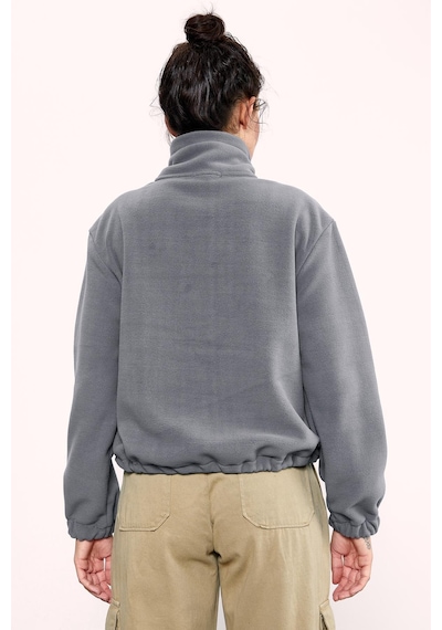 Tommy Life Gri Melanj Yarım Fermuar Etek Ucu Büzgülü Kadın Polar Oversize Sweatshirt - 97171 Gri Melanj