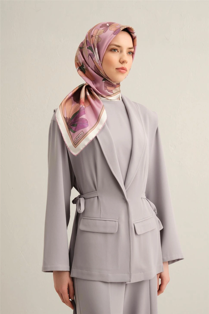 Armine Çiçek Desenli Saf İpek Twill Eşarp 9312d 58 Lila