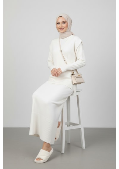 Defymoda Kadın Krem Modest Triko Tunik Elbise Takım Kremrengi
