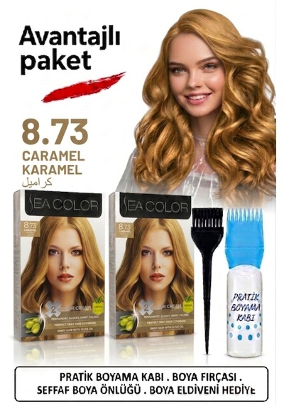 Sea Color Set Saç Boyası 8.73 Karamel 2 Li 2 Kutu+pratik Boya Kabı